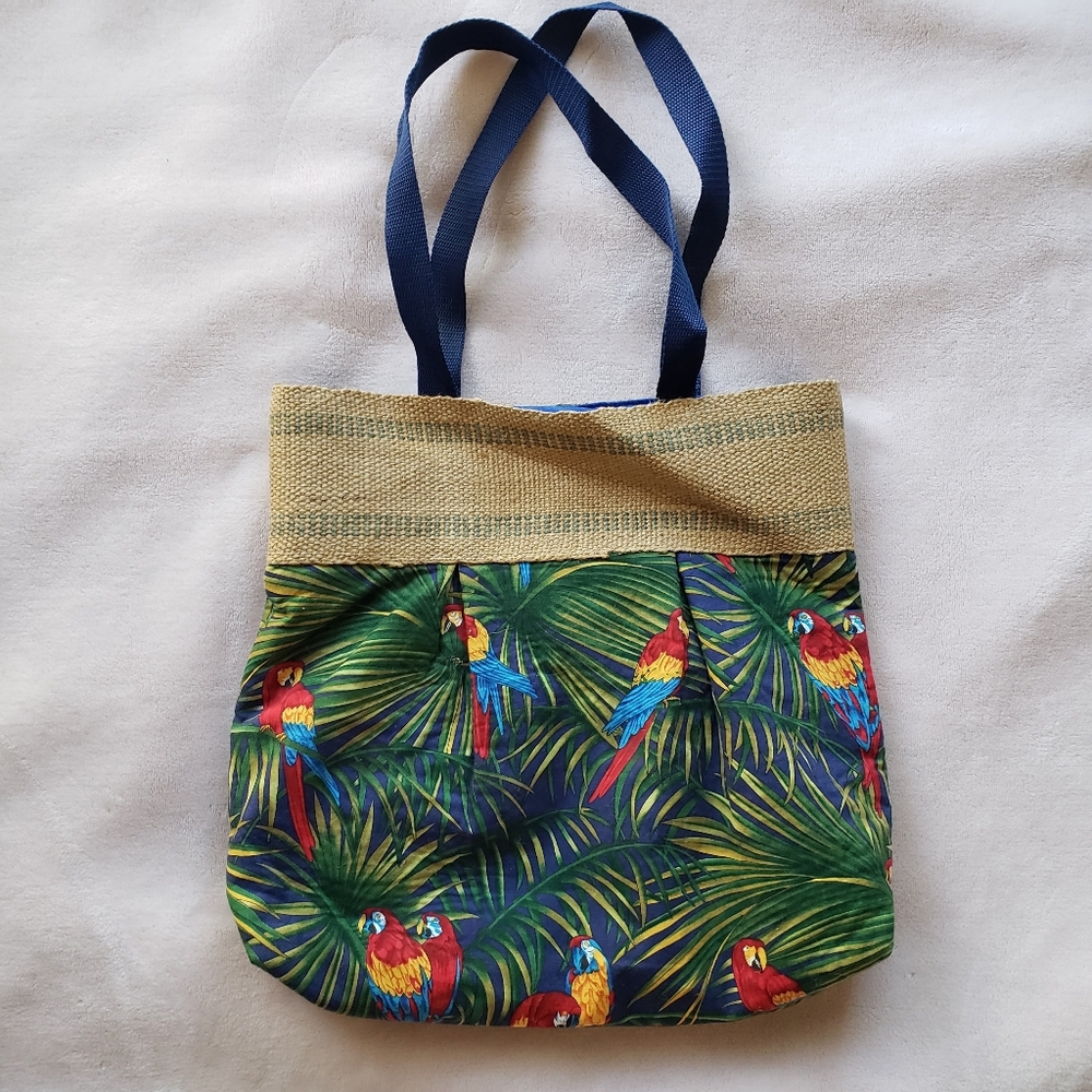 Handmade Tropical Leaf Parrot Print Burlap Fabric Shoulder Bag - Picture 2 of 5